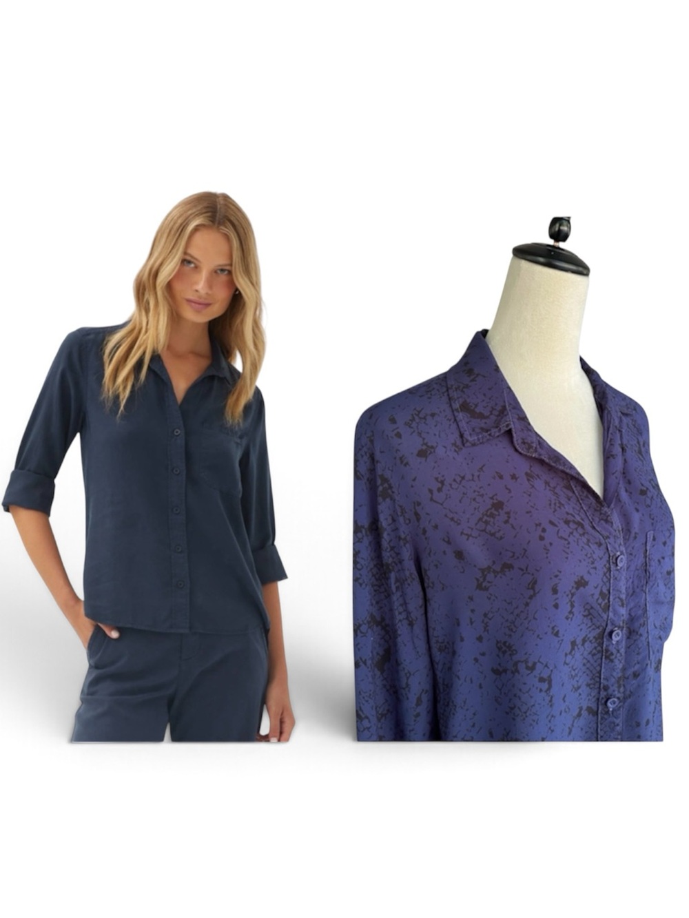 Anthropologie Bella Dahl Abstract Print Button Top Roll-tab Sleeve in Blue Sz S